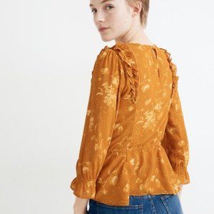 Madewell Ruffle Shoulder Peplum Top in Tonal Botanical and Mustard Yellow (NWOT)
